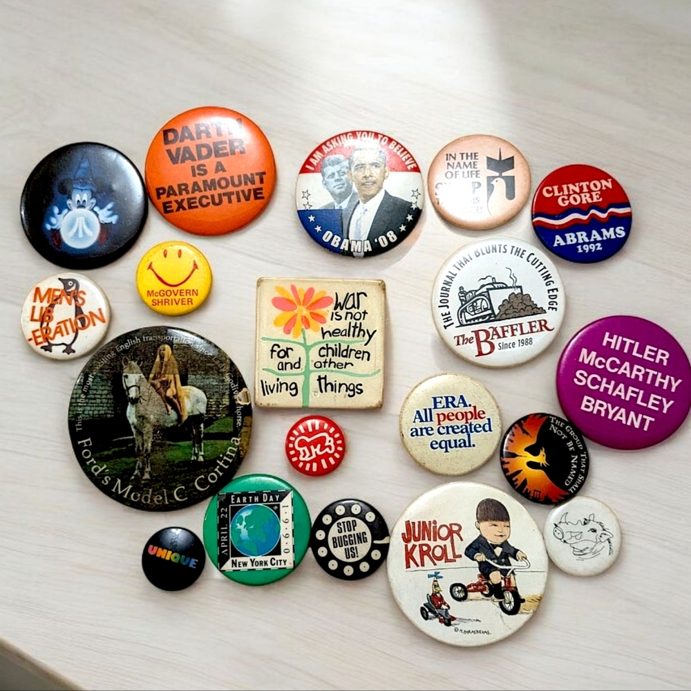 Vintage  Lady Godiva Horse "Keith Haring" buttons +political Ford Model, peace